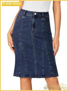 High Waisted Stretch Denim Mermaid Skirt Fishtail Ruffle Hem Knee Length